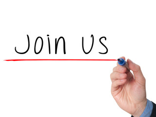 join us written by businessman hand on a transparent board. 