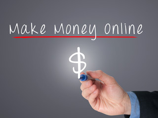 businessman hand write make money online on virtual screens