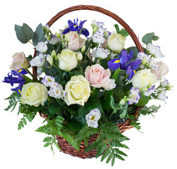 Basket of flowers roses and irises