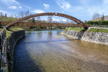 Wooden bridge in Cangas de Onis, on river Guena. Asturias