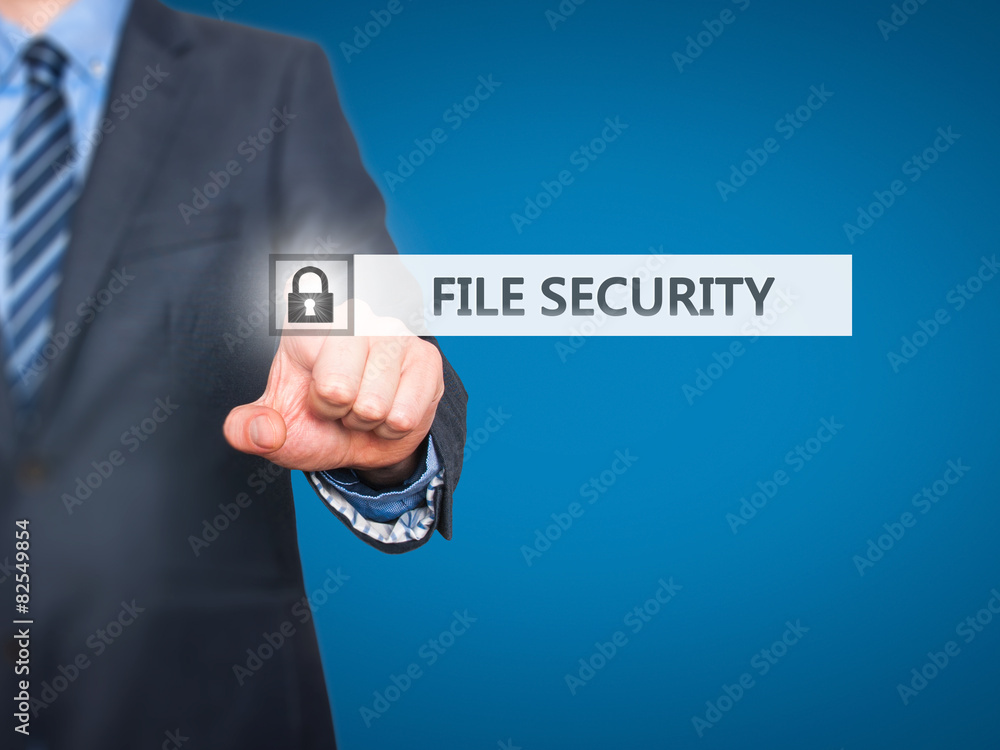 Poster businessman pressing file security button on virtual screen