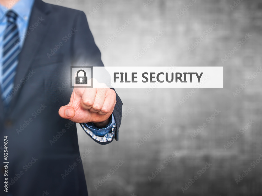 Poster businessman pressing file security button on virtual screen