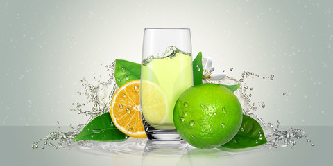 Plakat Lemon juice glass and lime fruit.