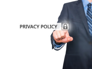 Businessman pressing Privacy Policy button on virtual screen