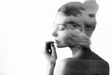 Fototapeta premium Double exposure of beautiful girl and nature landscape