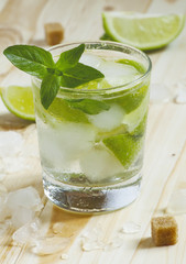 Fresh cocktail witn soda, lemon and mint, selective focus