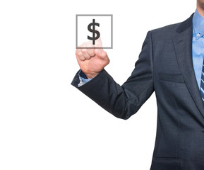 Businessman press dollar sign icon. Business concept.