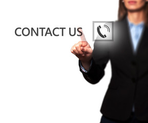 Businesswoman hand pressing contact us button