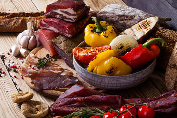Meat jerky and grilled vegetables