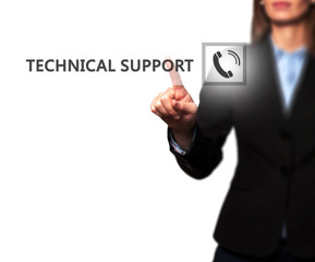 Businesswoman pressing technical support button on screen