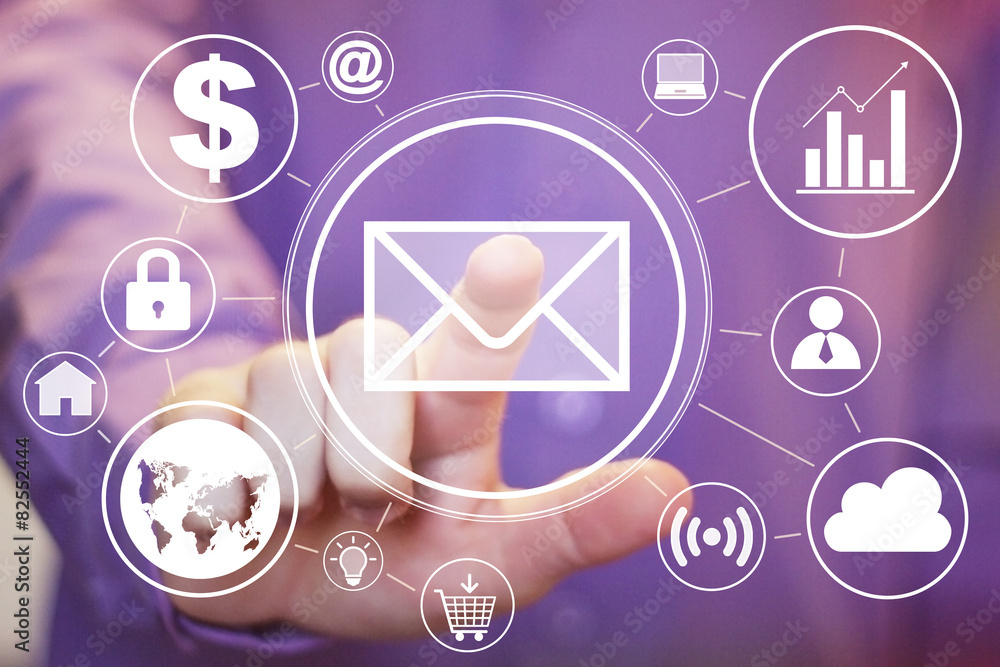 Poster businessman pressing messaging mail sign sending web set