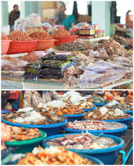 Traditional asian fish market collage