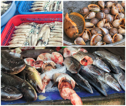 Traditional asian fish market collage