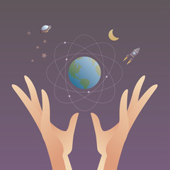 Hands is holding Earth and Space, Science, Vector illustration