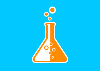 Orange laboratory glass icon on blue background