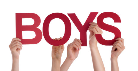 Many People Hands Holding Red Straight Word Boys