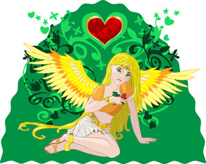 Obraz na płótnie Canvas Golden Angel with a rose and heart