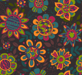 Vector seamless pattern with beautiful colorful flowers.