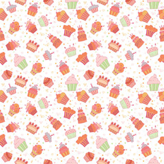 Hand drawn seamless pattern with cupcakes. Birthday party backgr