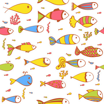 Seamless pattern with fishes and corals. Hand drawn background