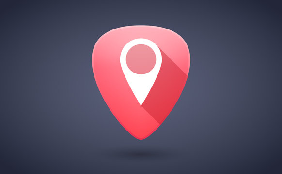 Red guitar pick icon with a map mark