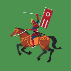 Samurai Warrior Riding Horse with Sword, Vector illustration