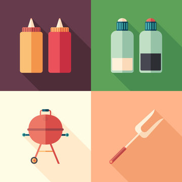 Set of barbecue flat square icons with long shadows.