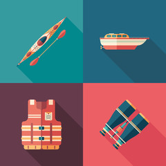 Set of water sports flat square icons with long shadows.