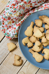 Grey plate with tasty cookies in the form of figurines of cats