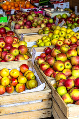 Fresh apples stand at the city market, Krakow, Poland