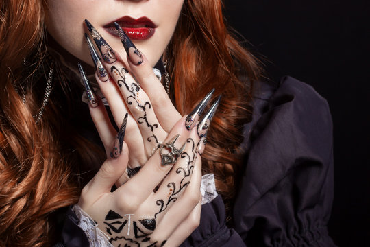 beautiful long sharp black graft acrylic nails image for witches