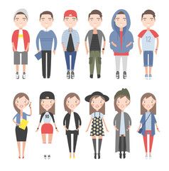 Girls and boys in casual clothes set. 