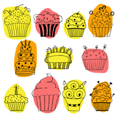 Vector set of hand drawn cupcakes on white background
