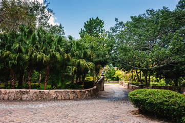Road in tropical park. Ancient village Altos de Chavon -