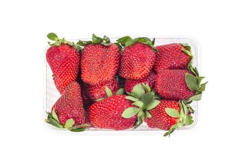 Box of fresh organic strawberries isolated on white background