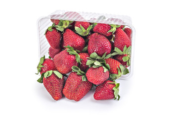 Box of fresh organic strawberries isolated on white background
