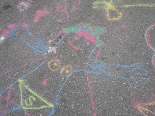 Colored chalks. Colored chalk on playground with drawings on str