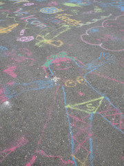 Colored chalks. Colored chalk on playground with drawings on str