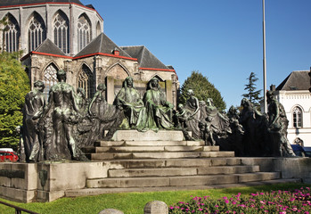 Monument to Van Eyck brothers in Ghent. Flanders. Belgium
