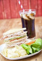 Turkey Club Sandwich with chips and soda