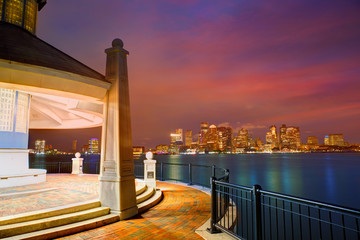 Fototapeta na wymiar Boston skyline at sunset Piers Park Massachusetts