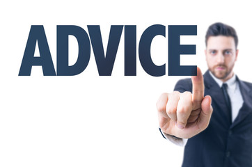 Business man pointing the text: Advice