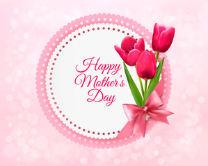Pink tulips with Happy Mother's Day gift card. Vector.