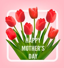 Red tulips with Happy Mother's Day gift card. Vector.