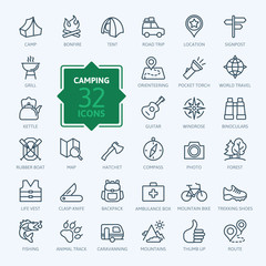 Outline web icon set - summer camping, outdoor, travel.