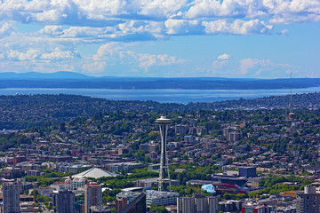 Seattle city and Puget Sound from a skyscraper height.