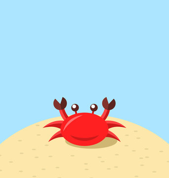 Cartoon cheerful crab at the beach, natural seascape