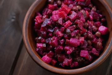 Close-up of russian traditional vinaigrette or beetroot salad