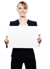 young business woman showing blank signboard