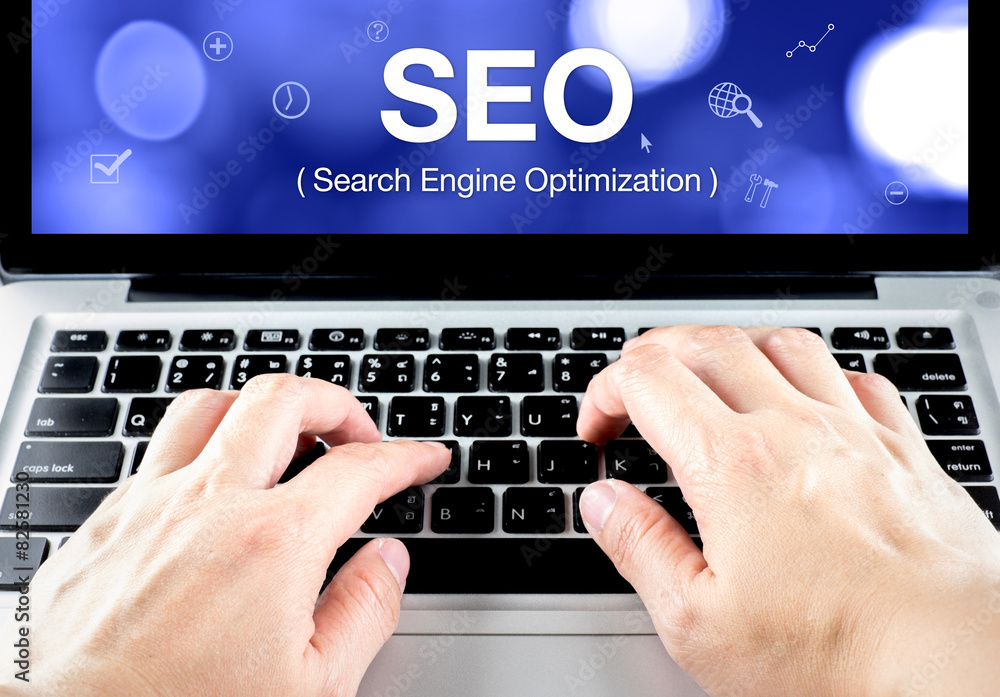 Poster search engine optimization (seo) word on notebook screen with h